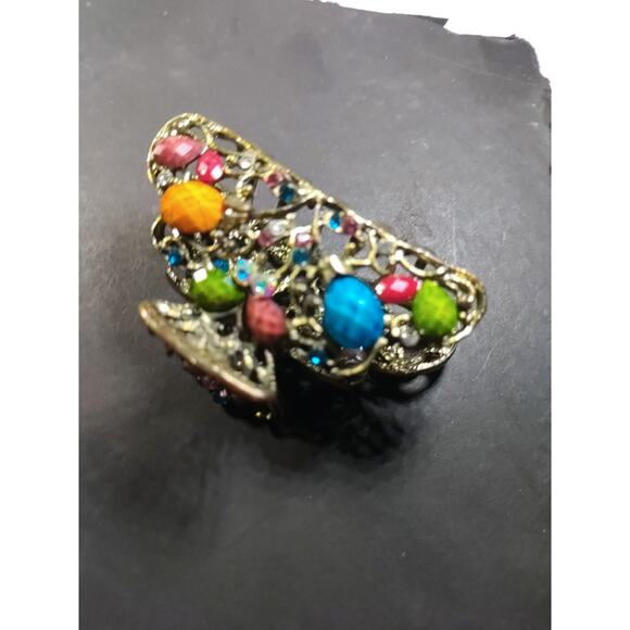 Hair Pony Tail Holder Beaded Rhinestone Gold Tone Blue Green Would Beach - Picture 2 of 6